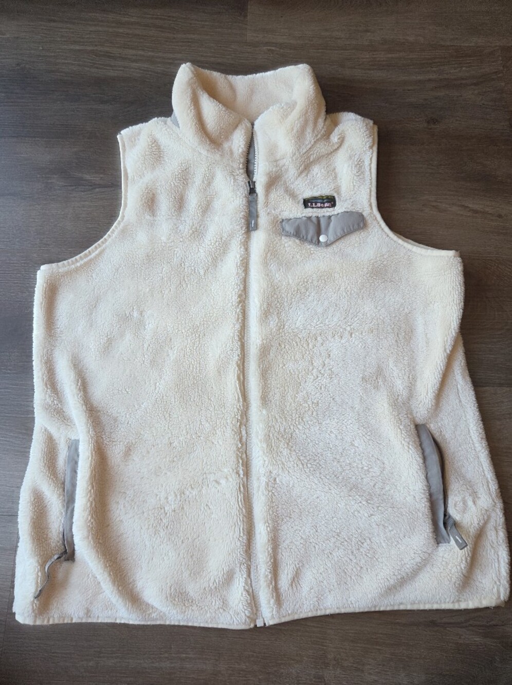 LL Bean Women's Hi-Pile Fleece Sherpa Fluffy Vest Cream Collared Vest Size Large